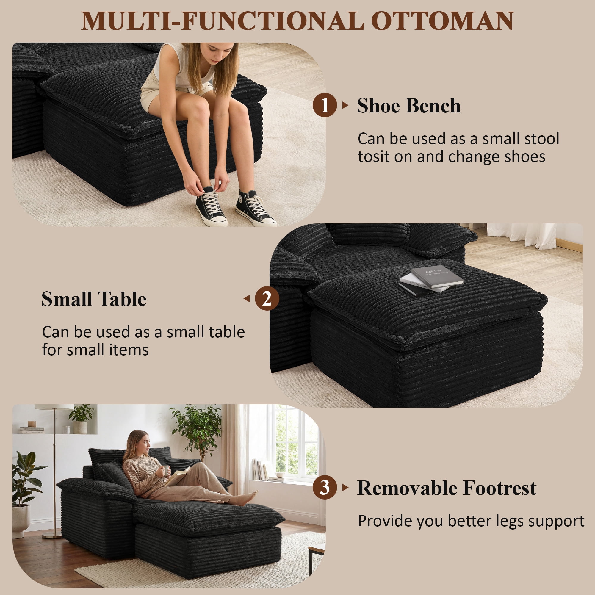 Aukfa 63.5" Oversized Chaise Lounge Sofa with Movable 2-Layer Ottoman, Deep Seat Boneless Couch, Corduroy Lounge Chair, Black