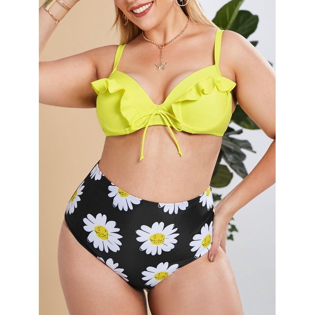 Tallas grandes Lazo de volante Push Up Flower Bikini Bikini de alta altura Rosegal Camisetas sin mangas de talla grande