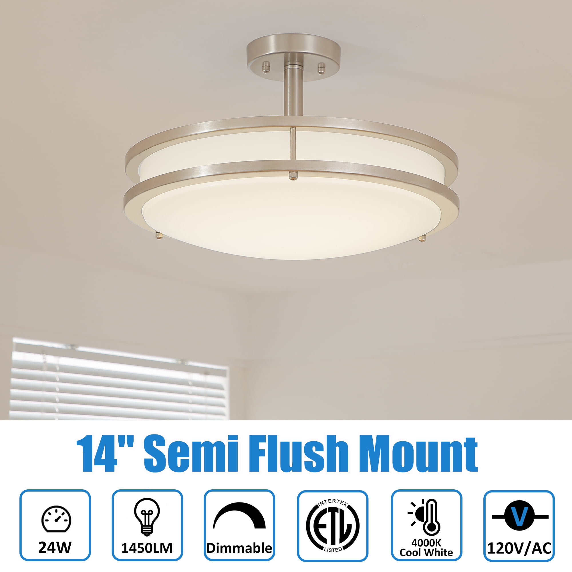 Lucere 14'' Modern LED Semi Flush Mount Ceiling Light Fixture ,Brushed Nickel Ceiling Light, 4000K Cool White, Dimmable, CETL Listed, Modern Lamps for Living Room Ceiling