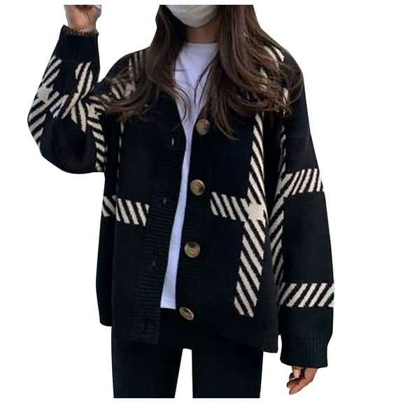 WXLWZYWL Sweaters for Women Women Geometric V-Neck Button Pattern Casual Long Sleeve Sweater Ladies Outwear Black