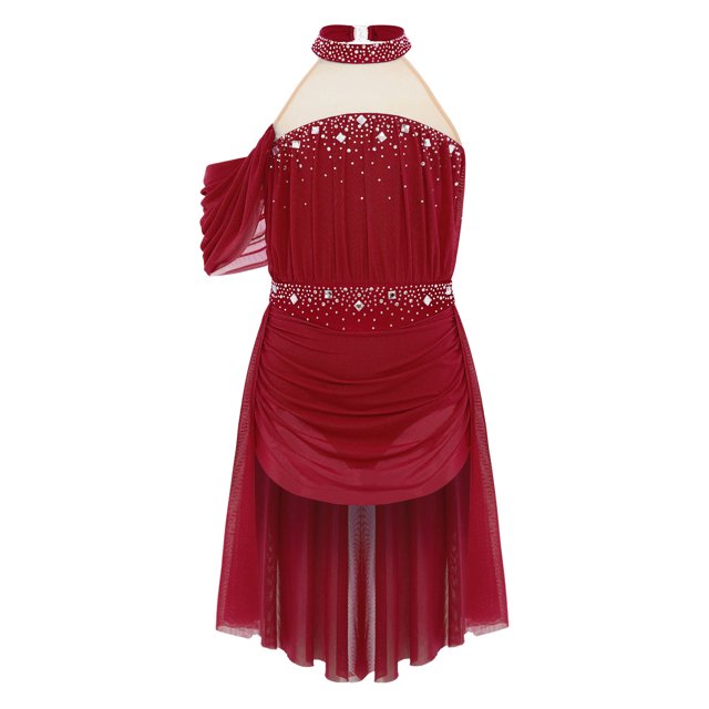 Manyakai Girls Ruched Mesh Dance Dress Shiny Rhinestones Draping Halter Backless Cutout Backless Skirts with Irregular Hem Burgundy 8