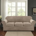 thumbnail image 4 of Stretch Velvet Plush Sofa Covers Couch Armhair Slipcover Protector with Cushion Covers, Taupe, For 3-Seater Sofa, 4 of 11