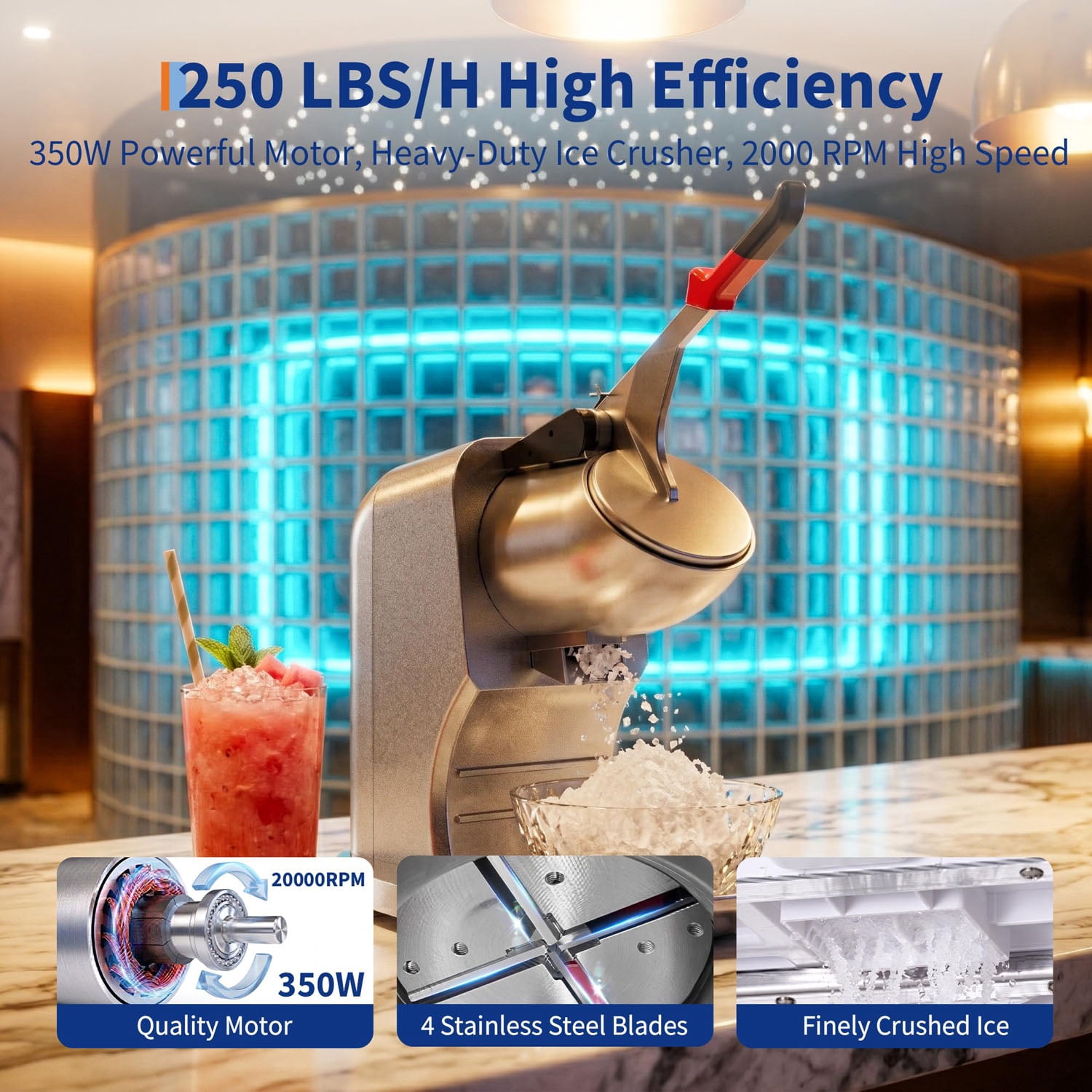 Commercial Ice Crusher, 2000RPM 250LBS/H Shaved Ice Machine with Stainless Steel Bowl, 350W Electric 4 Blades Snow Cone Machine for Home Use, Bars, Cafes, Parties, Silver