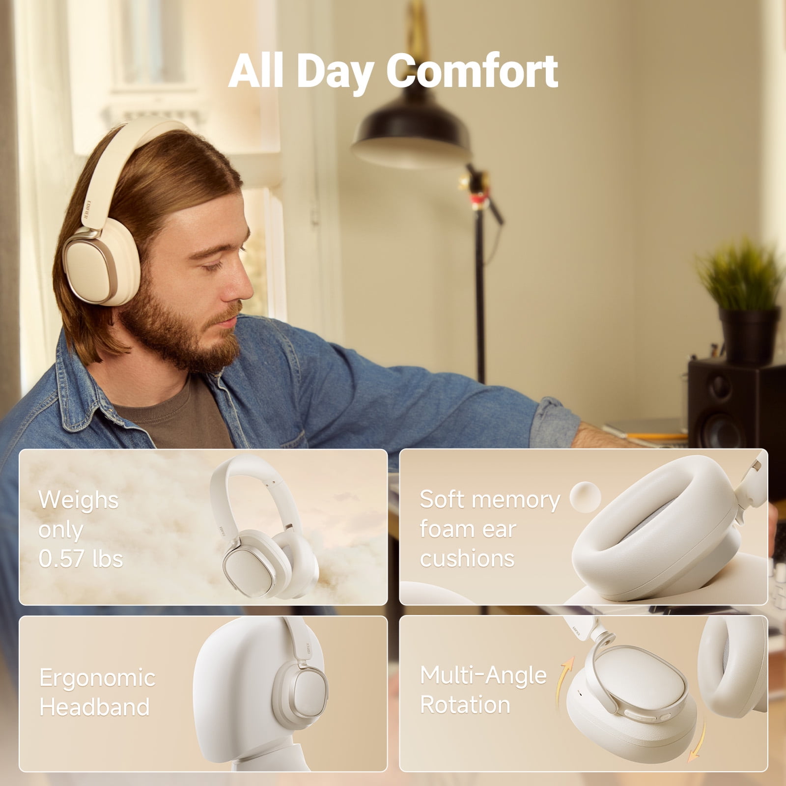 Edifier Bluetooth Active Noise Cancelling Headphones, 92H Playtime Hi-Res Audio Certified, Fast Charging - Ivory