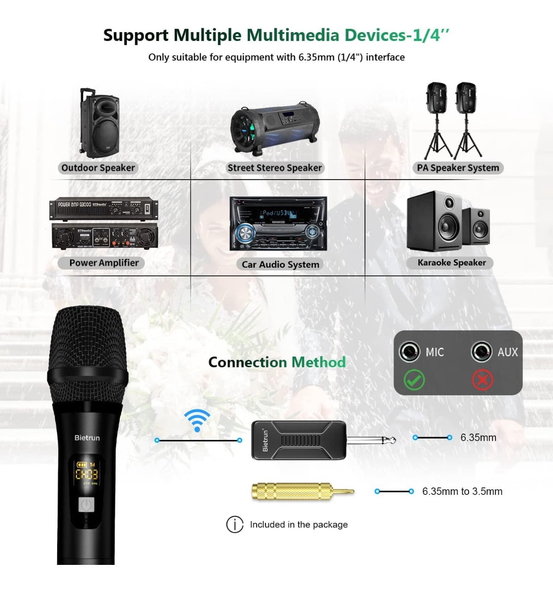 Wireless Microphone, Bietrun UHF Metal Dual Handheld Cordless Dynamic Mic System with Rechargeable Receiver, 1/4‘’Output, for Karaoke, Church, Speech, Wedding, Party Singing(160 ft Range)