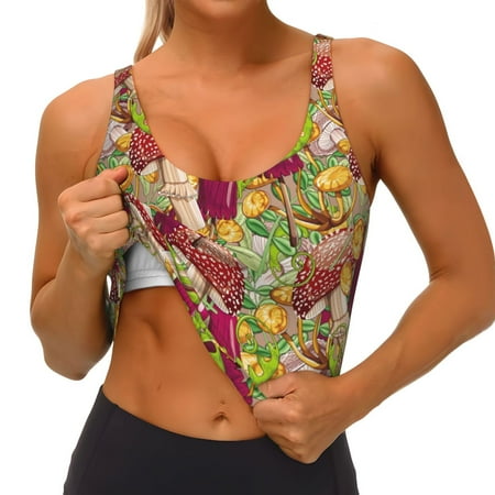 Qokaie Bright Mushrooms Pattern Womens Scoop Neck Sports Bra Breathable Workout Vest Padded U Back Medium Impact Fitness Gym Yoga Bra Workout Crop Top