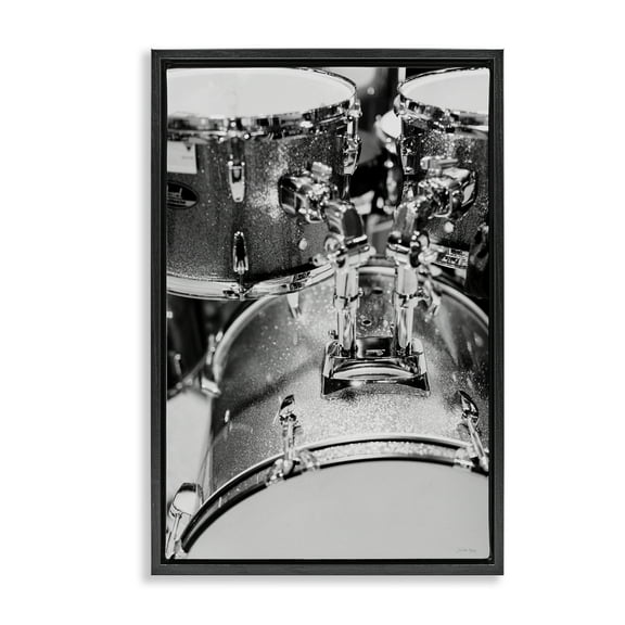 Stupell Industries Drum Set Black & White Entertainment Painting Black Floater Framed Canvas Art Print Wall Art, 17 x 25