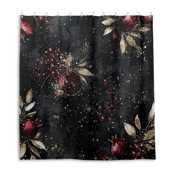 Pomegranate Branches on Black Shower Curtain Liner 66x72 Inch Waterproof Shower Curtains Decorative Bathroom with 12 Pack Hooks