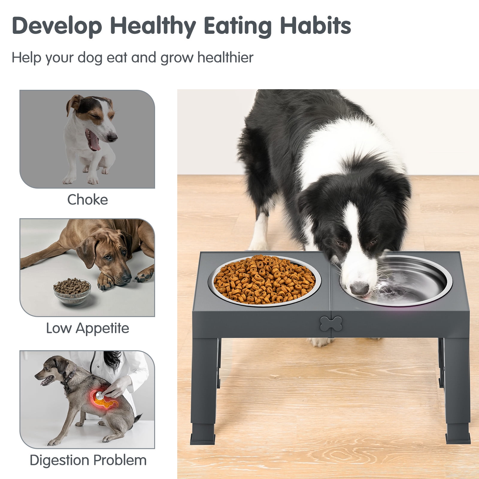 X XBEN Elevated Dog Bowls, 5 Heights Adjustable Dog Raised Bowl Stand with Two 1000ML Stainless Steel Dog Food and Water Bowls, Pet Bowl Holder to Protect Dogs Joints for Small Medium Large Dog