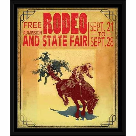 Old Vintage Rodeo Poster Sign Western Cowboy Horse Ride Yellow & Red, Framed Canvas Art by Pied Piper Creative