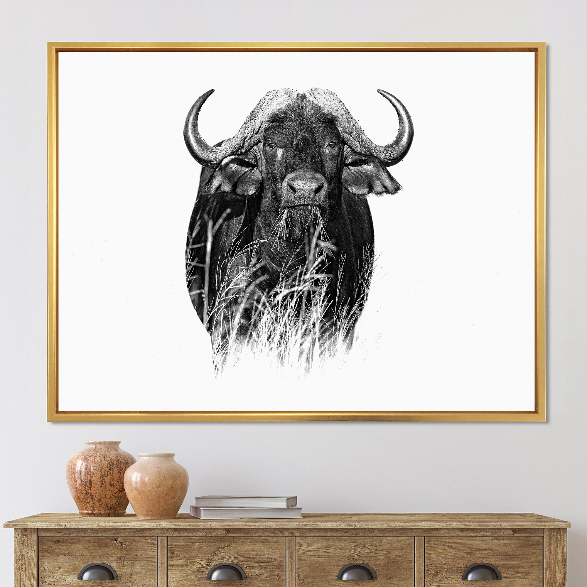 Designart 'Black and White Portrait Of Buffalo IV' Farmhouse Framed Canvas Wall Art Print