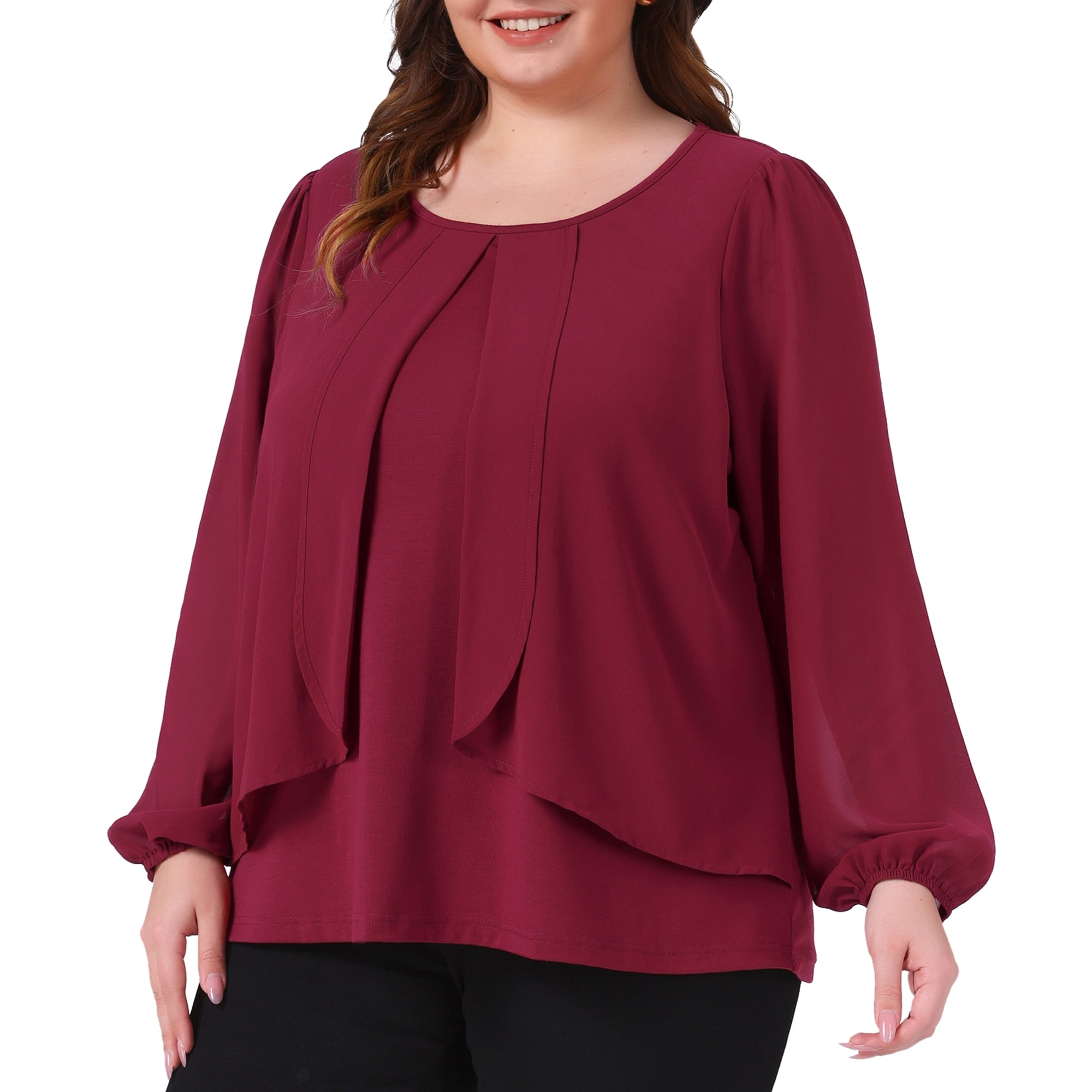DARING DIVA Women's Plus Long Sleeve Blouse Dressy Work Shirts 2X Burgundy