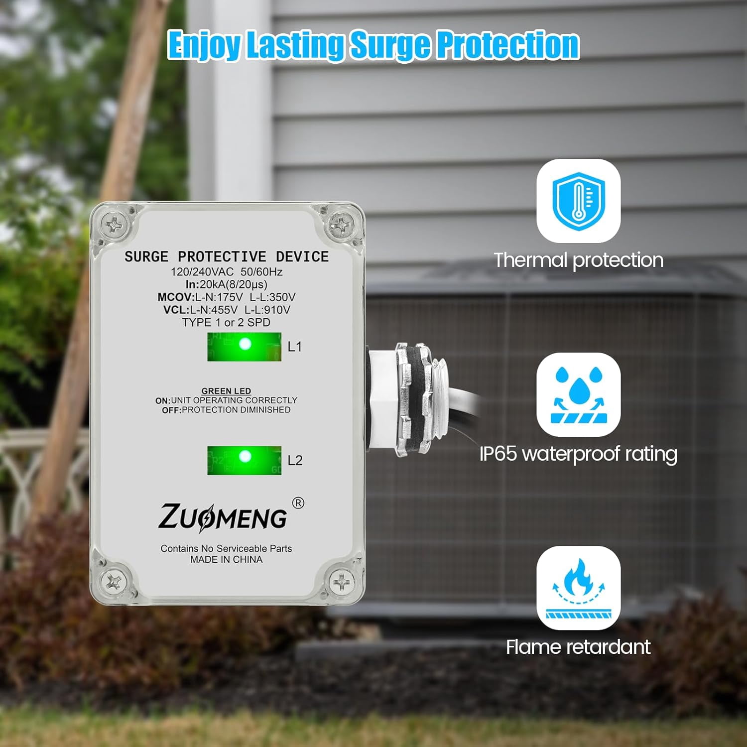 Zuomeng 120/240VAC HVAC Surge Protector, 20kA Absorption, Dual LED Indicators, 3 Protection Types
