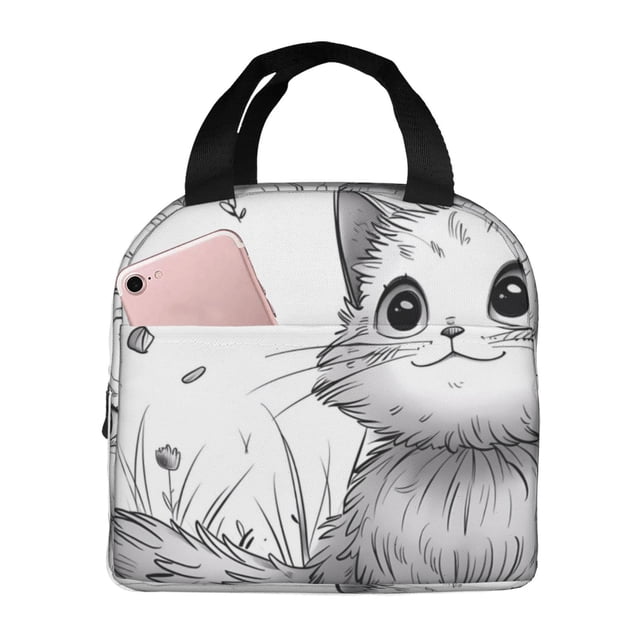 Easygdp Cute Cat Meadow Sketch Bolsa Térmica Premium - Tela Oxford Impermeable, Gran Capacidad, Bolsillo Frontal, Unisex para Trabajo, Escuela, Actividades al Aire Libre y Picnics