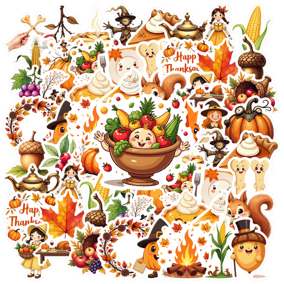 cartoon Thanksgiving Stickers, Waterproof Thanksgiving Sticker for Water Bottle Laptop Phone Cases Planner Skateboard Luggage Helmet Party Favor Decor, Ideal for Adults Teens Teacher Rewards