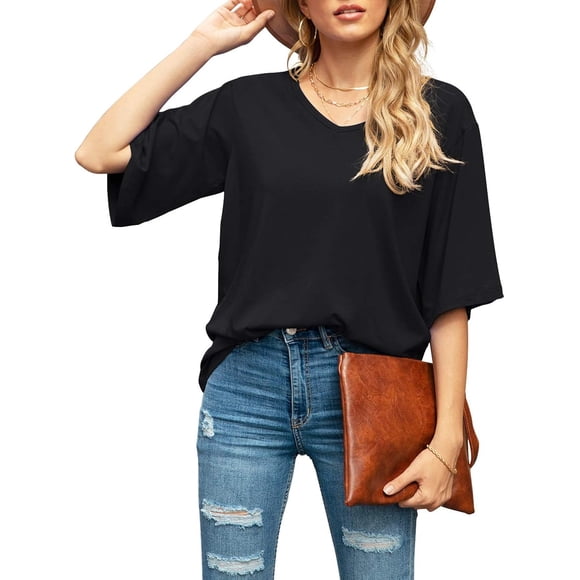 Blusa de mujer con cuello en V holgado y mangas acampanadas 3/4