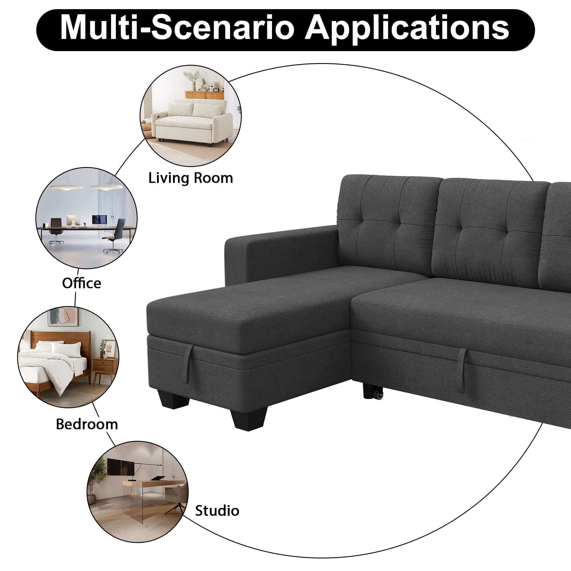 DEALTOPS Linen Reversible Sleeper Sectional Sofa Bed with Storage Chaise,Dark Gray