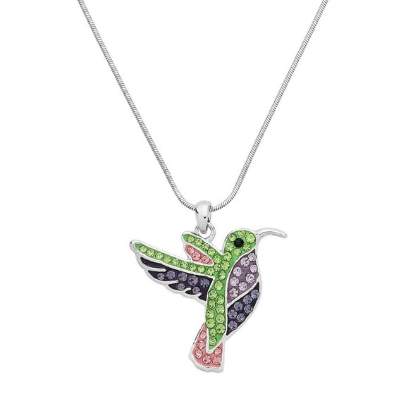 Hummingbird Pendant Necklace Rhinestone Crystal Rhodium Plated 17 Inch Snake Chain J1138