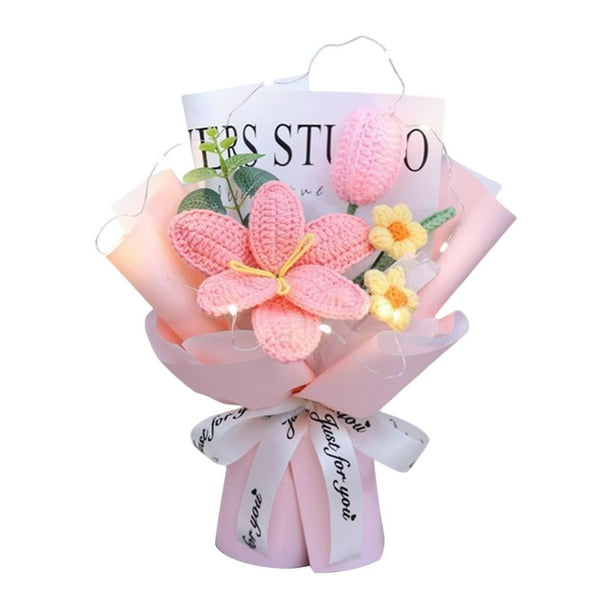 Crochet Flower Bouquet Decoración del Día de la Madre Arreglos florales Tulipanes de punto de flor falso para la graduación de Acción de Gracias Rosa