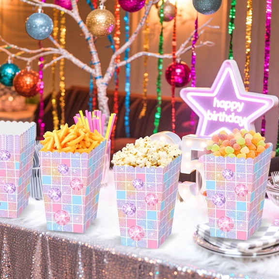 12 Pack Disco Popcorn Boxes - Colorful Glitter Gradient Design Foldable Paper Snack Containers for Birthday Party, Retro Theme Decor