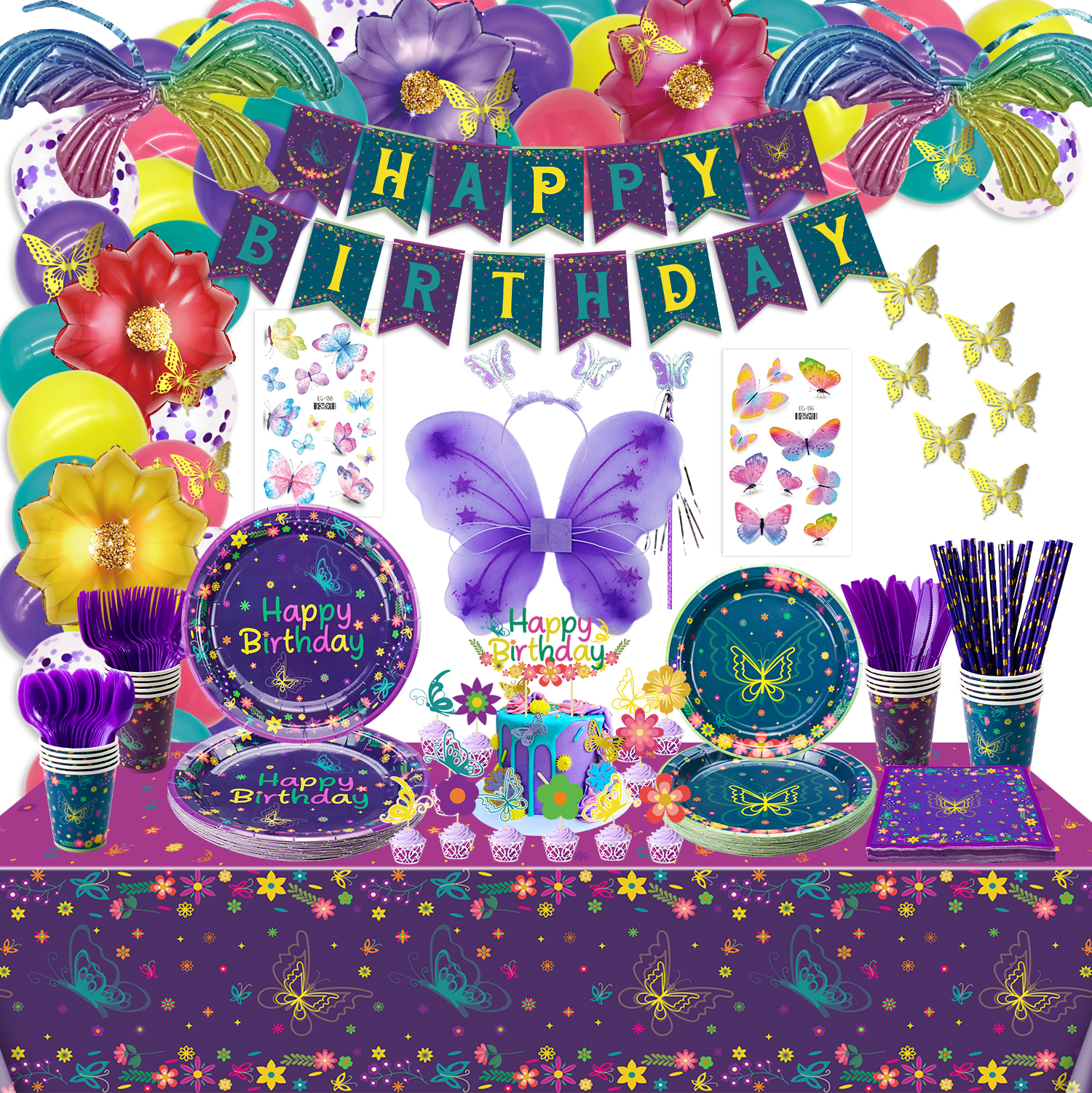 255 Pcs Movie Butterfly Birthday Decorations - Plates, Tablecloth, Balloons, Banner, Temporary Tattoos, Butterfly Stickers, Tableware, Cups, Butterfly Wing Set for Magic Party Supplies - image 1 of 8