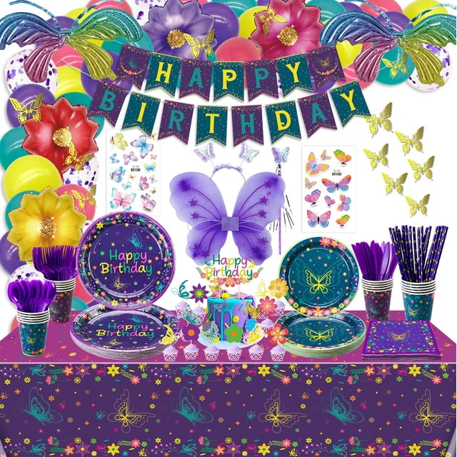 255 Pcs Movie Butterfly Birthday Decorations - Plates, Tablecloth, Balloons, Banner, Temporary Tattoos, Butterfly Stickers, Tableware, Cups, Butterfly Wing Set for Magic Party Supplies