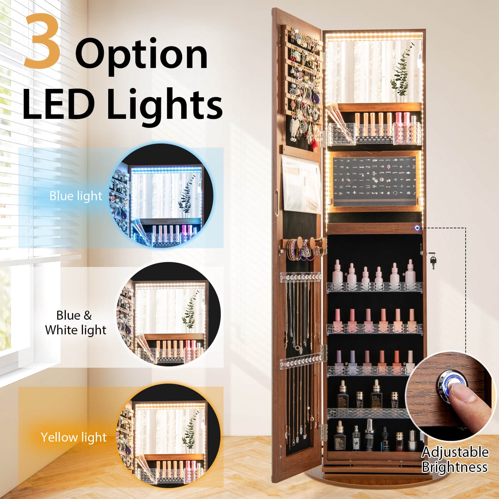 Costway 360° Swivel Jewelry Cabinet Organizer 3-Color LED Mirror with Built-in Lights Brown