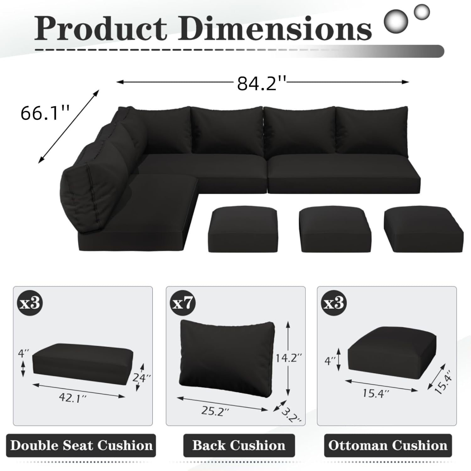AECOJOY Outdoor Patio Furniture Cushions, 4-Inch Memory Foam Replacement Cushions for 7-Seat Sectional Wicker Conversation Set, Black