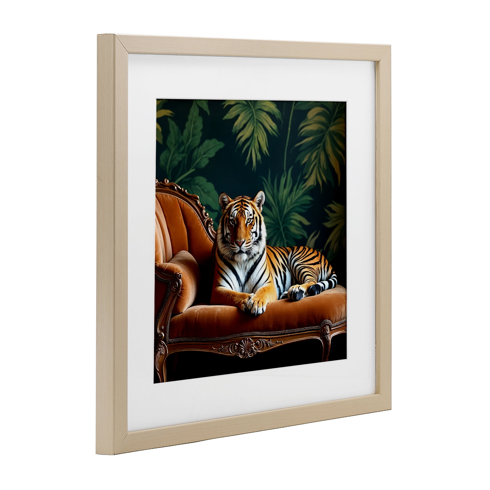 Tiger Lounging on Chaise Birch Framed Print Under Glass, design by Lettered and Lined