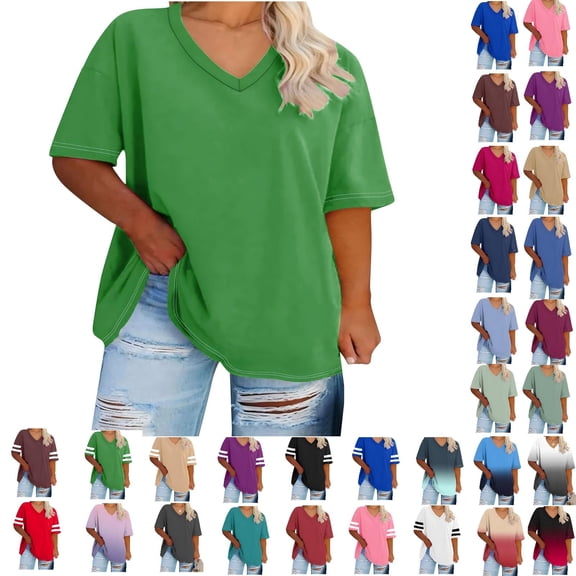 gakvbuo Plus Size Topss For Womens Summer Oversized T-Shirts Tees V Neck T Shirts Summer Half Sleeve Tees Crew Neck Tunic Tops