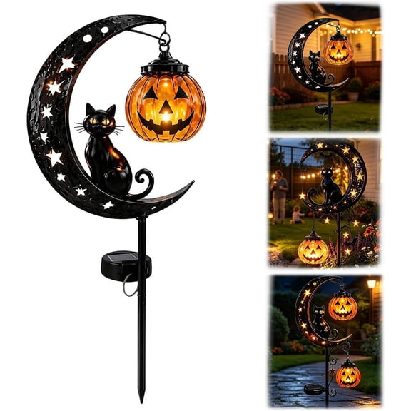 Pumpkin Moon Garden Stake Light, Solar Halloween Black Cat & Pumpkin Moon Garden Stake Light, Outdoor Halloween Yard Decor for Gardens, Patio, Lawn, Pathway