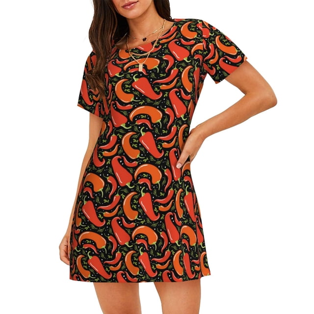 Vsdgher Chemise de Nuit Rouge à Motif Chili pour Femmes Manches Courtes Col Rond Mignonne Robe de Nuit Confortable à Volants