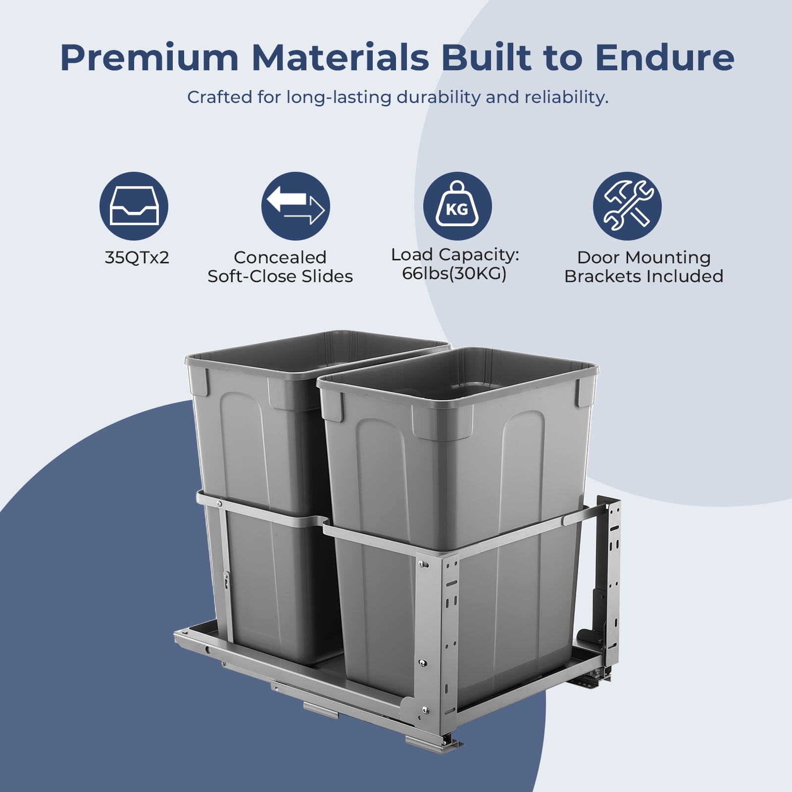 FOHERE Pullout Trash Cans for Under Kitchen Cabinets, 35*2 Quart with Soft-Close Slides, Heavy Duty Garbage Recycling Bin for Kitchen Cabinet