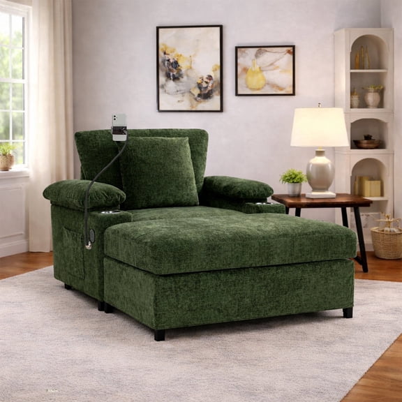 CAPCAEK Chaise Lounge Chair Indoor with Adjustable Back, Chenille Multifunctional Reading Chair, Green