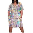 thumbnail image 2 of New Oversized Womens Summer Dresses Casual Short Sleeve V-Neck Mid-Length Dress with Pocket Sequined Stretchable Spring Dresses for Women 2025, 2 of 5