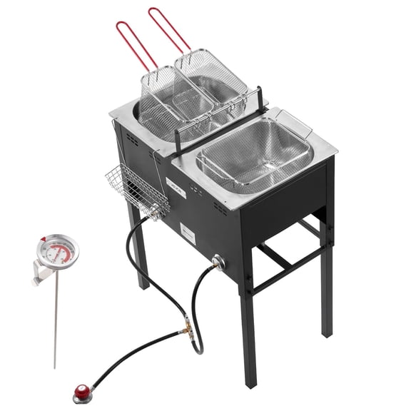 VEVOR Outdoor Propane Deep Fryer, Dual-Tank 16QTx2 Large Capacity Commercial Fryer, Stainless Steel Fish Cooker with 3 Basket, Thermometer, Floor Standing Fryers for Event Camping, 50,000 BTU