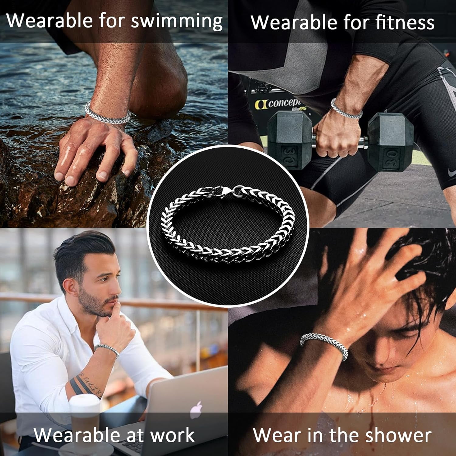SanThree Solid Pure Titanium Link Bracelets for Men 7mm Welded Square Keel Skin Friendly Shinny Four Side Twist Bracelet Valentines Birthday Boyfriend Grandpa Father Gifts 9.05”