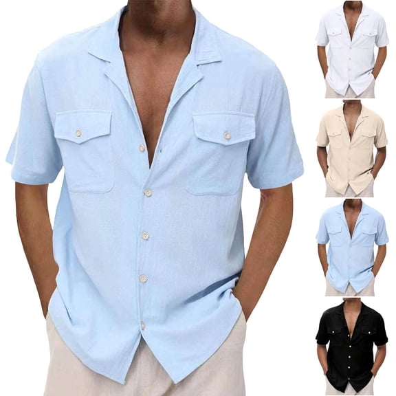 Vetsdori Mens Short Sleeve Shirts Polo Collar Dress Shirts Pockets Office Summer Button up Cotton Linen Casual Plain T-Shirts for Men Gift for Men