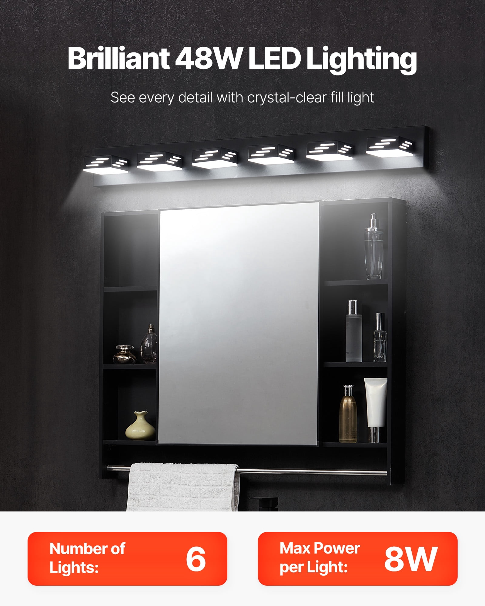 VEVOR 6-Light LED Modern Vanity Light Fixtures,40.35-Inch,Black Finish Bathroom Wall Lighting Fixture Over Mirror, with IP44 Waterproof, for Bathroom, Living Room, Bedroom, Hallway, Cool White 6000K