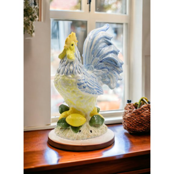 Ceramic Blue Yellow Rooster Statue 10.5"  Kitchen Farmhouse