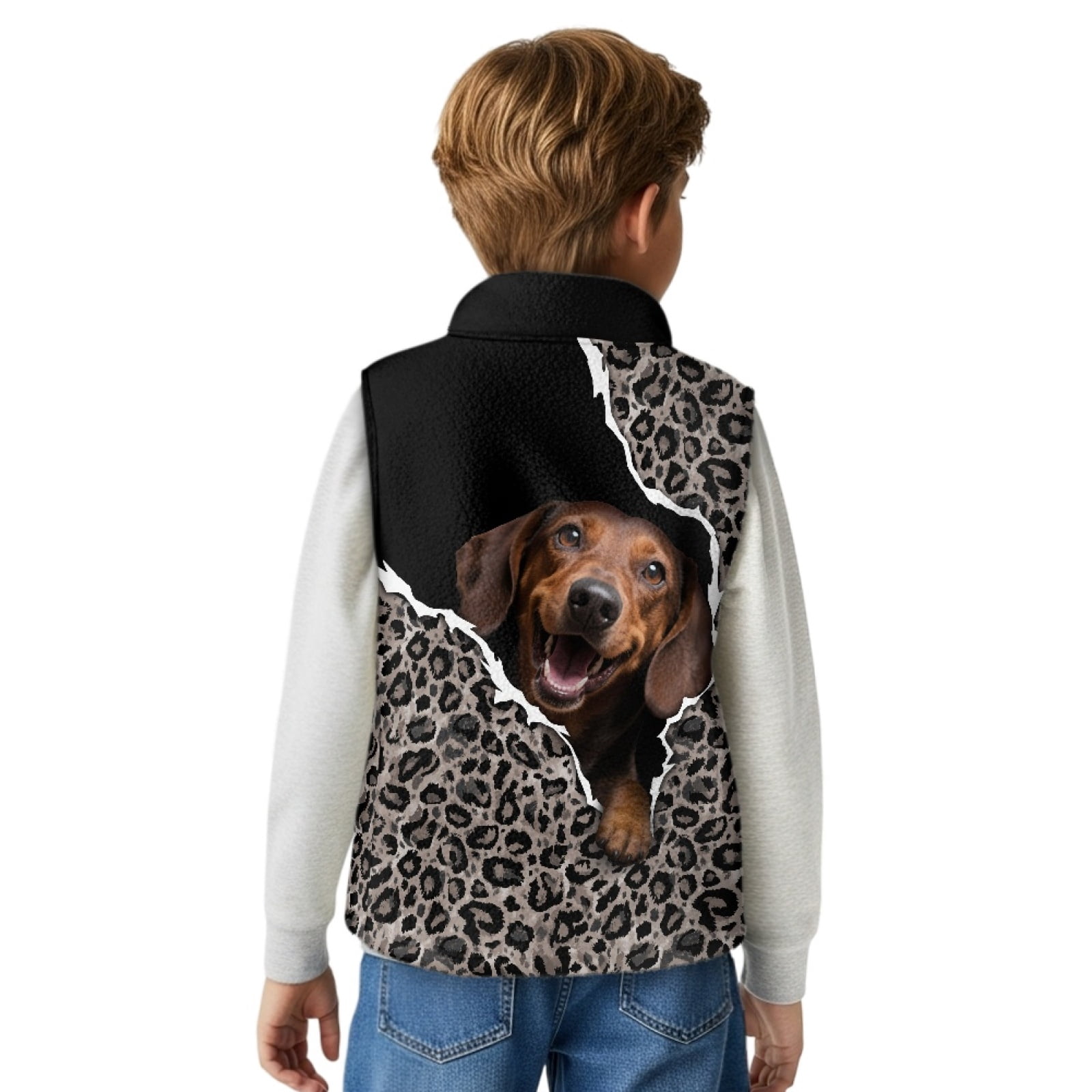 Xoenoiee Dachshund Leopard Print Fleece Outerwear Vests for Boys, Big Little Kids Sleeveless Zipper Coat Jacket Winter Spring Fall Warm Fleece Vest with Pockets, Size 3T