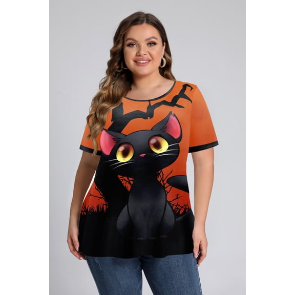 Flycurvy Plus Size Halloween Black Cat Graphic Print Round Neck T-Shirt