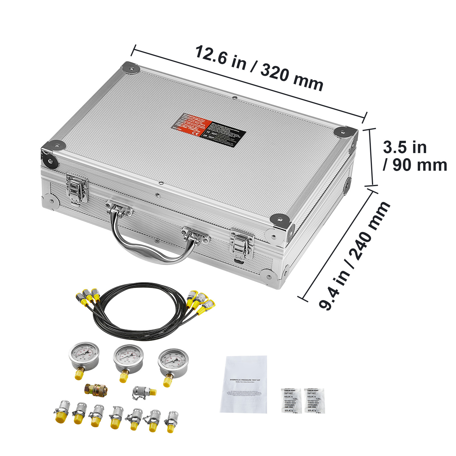 SKYSHALO Hydraulic Gauge Test Kit, 250/400/600bar Range, Includes 3 Gauges, 9 Couplings, 3 Hoses, and Carrying Case for Testing Excavator, Tractor, and Construction Equipment Hydraulics