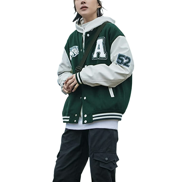 Varsity Jacket Baseball Letterman Bomber School Collage Light Grey Wool and  Genuine Green Leather Sleeves at  Men’s Clothing store