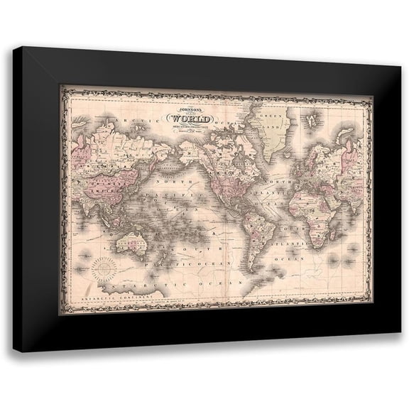 Johnson 14x11 Black Modern Framed Museum Art Print Titled - 1862 Johnson Vintage Map of the World