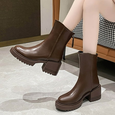

ertutuyi fashion autumn and winter women ankle boots low heel heel platform solid color zipper brown 38