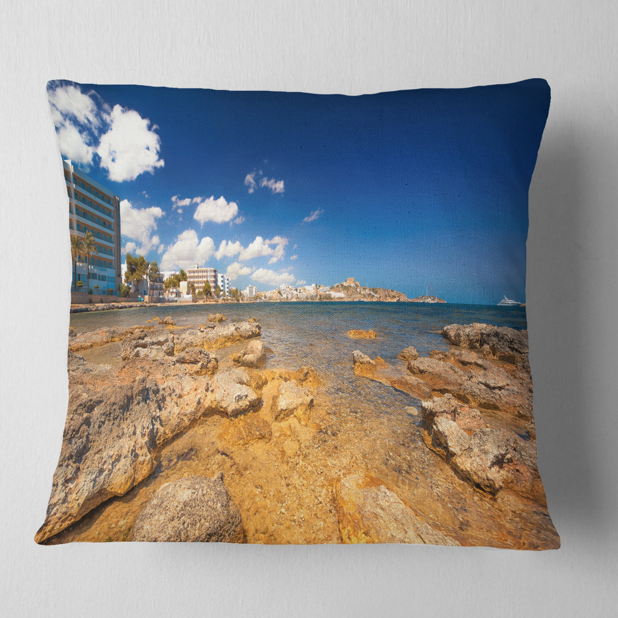 Designart Paradise Beach in Ibiza Island - Seashore Photo Throw Pillow - 16x16