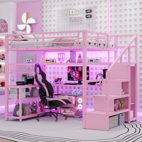 Mirightone Full Size Loft Bed with LED Light and Stairs, Metal Loft Bed Frame with Desk, Storage Drawers & Shelves, Hanging Rod, Gaming Lofts Beds with Charging Station, Pink