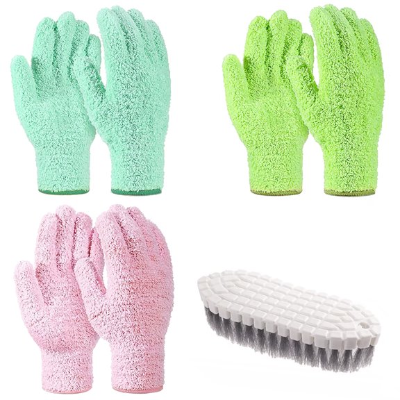 Household Microfiber Dust Wiping Set, 3 Pairs Plant & Surface Dusting Gloves with Bendable Handheld Cleaning Brush