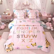Feelyou Pink Monogrammed Comforter Set 7pcs, Giraffe Tiger Animal Queen Bedding Sets
